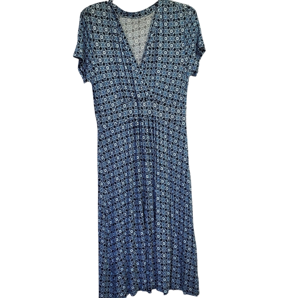 Croft & Barrow Short Sleeves Navy Geometric Midi Dress Size L